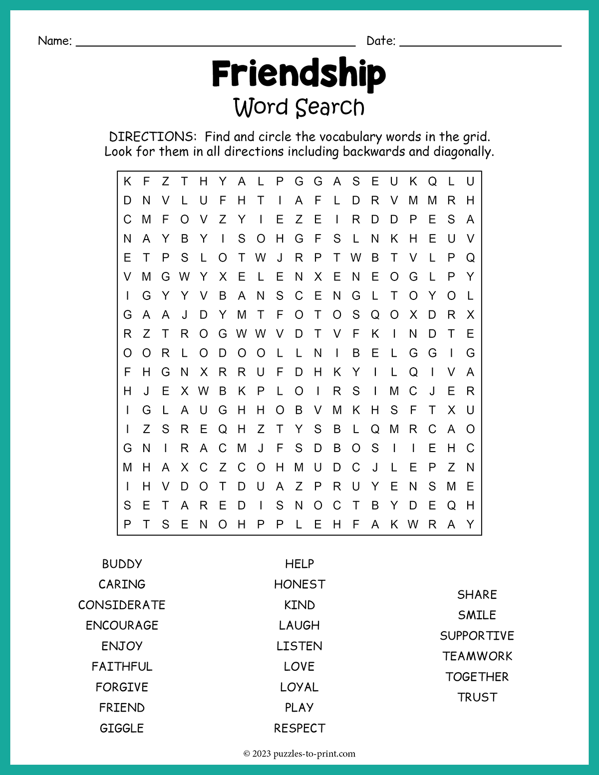 Friendship Word Search