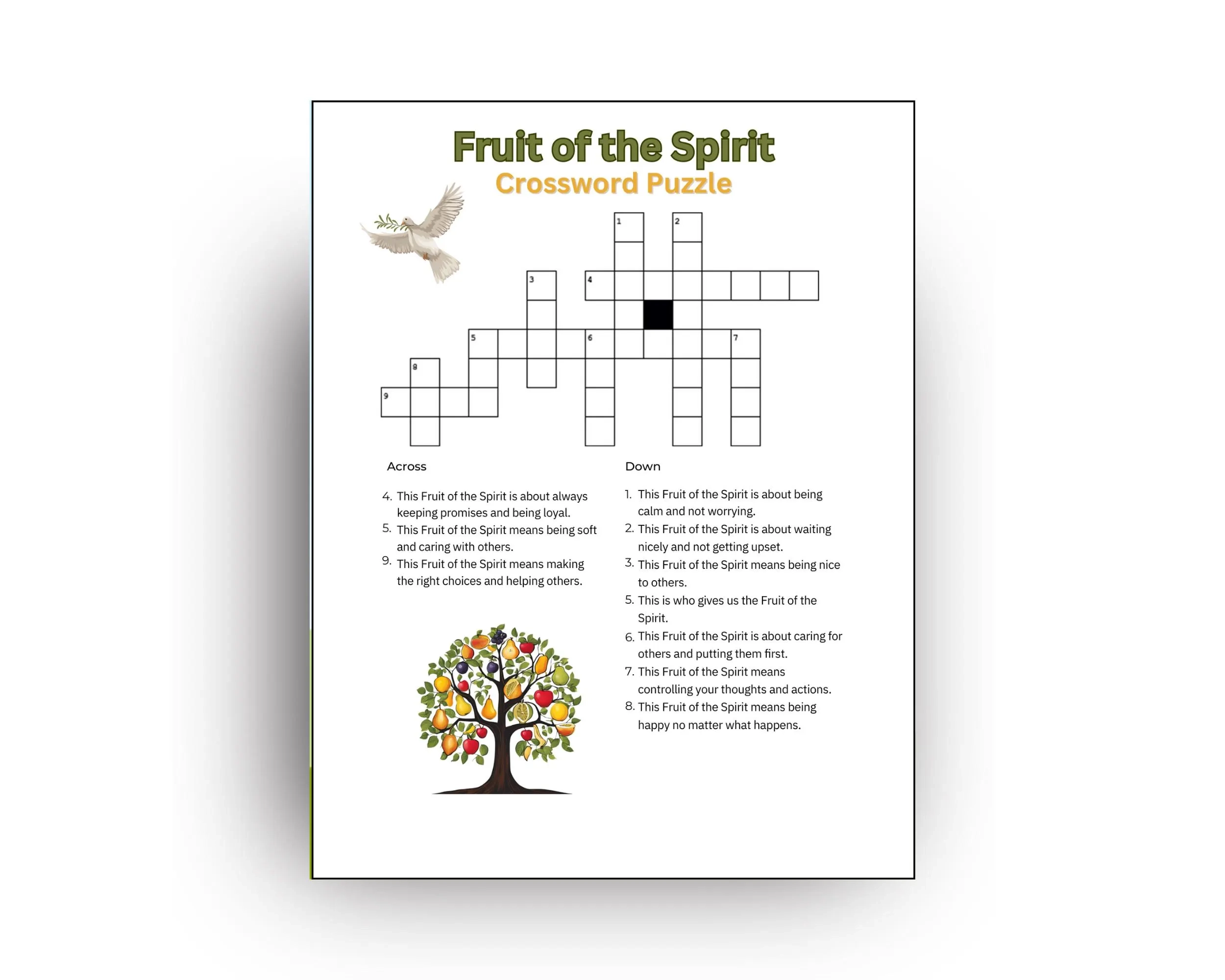 Fruit Of The Spirit Crossword Puzzle Printable Christian Bible Activity Sunday School Game Kids Teens Seniors Galatians 5 22 23 Etsy