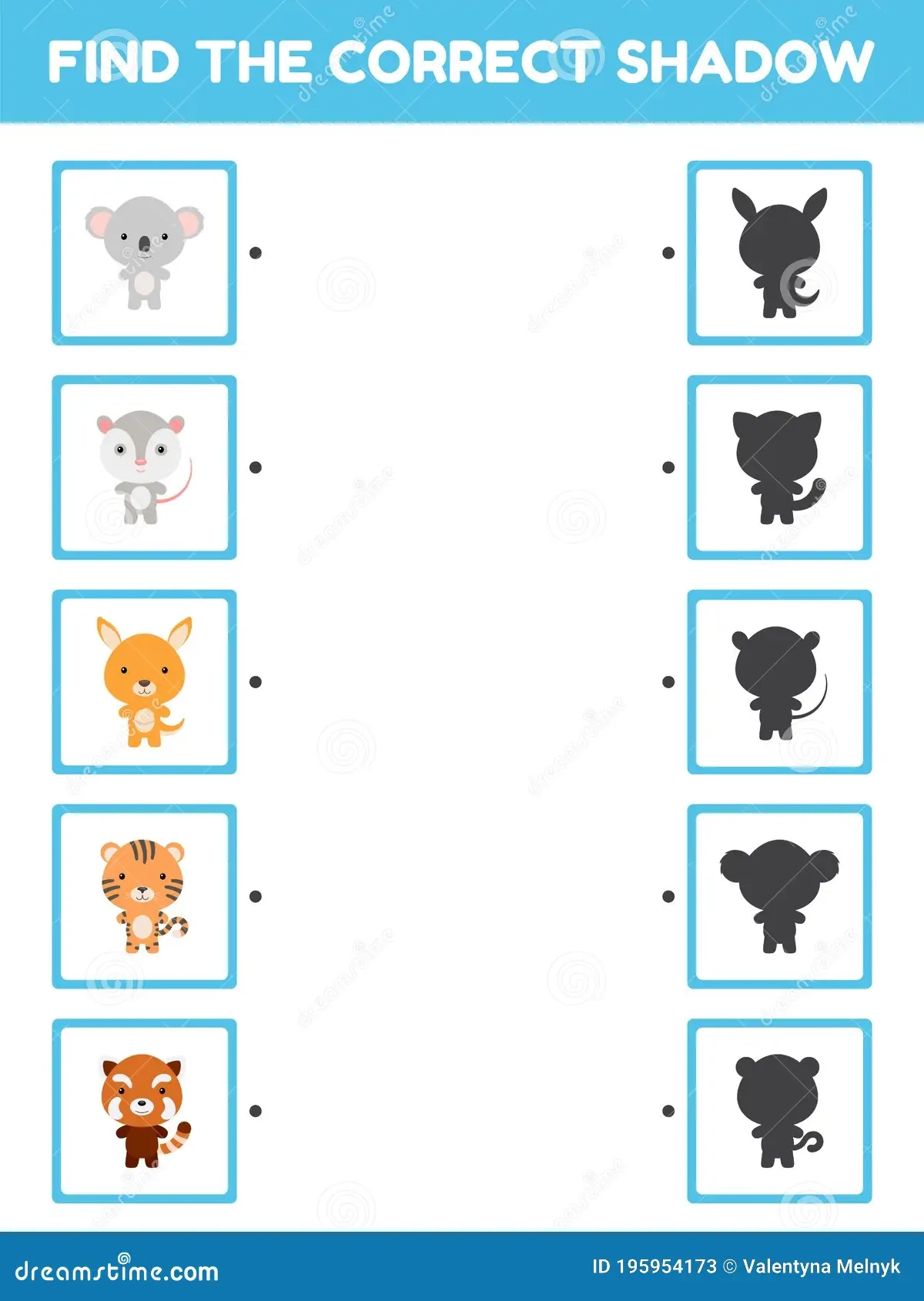 Game Template Find Correct Shadow Matching Game For Children With Cute Cartoon Animals Kids Activity Page For Book Stock Vector Illustration Of Educational Connect 195954173
