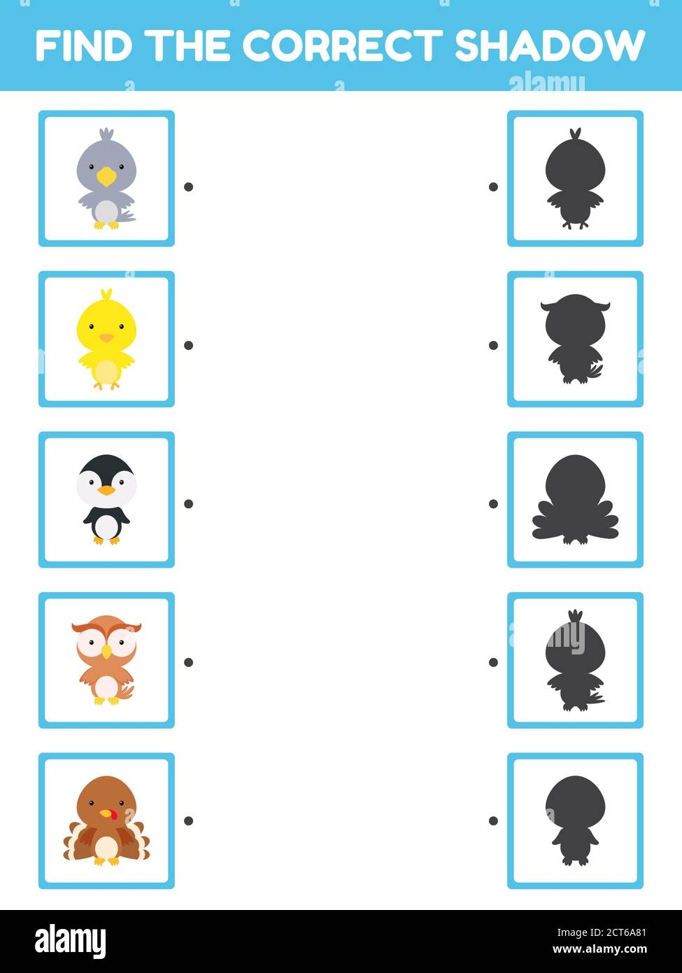 Game Template Find Correct Shadow Matching Game For Children With Cute Cartoon Bids Kids Activity Page For Book Education Developing Worksheet Log Stock Vector Image Art Alamy