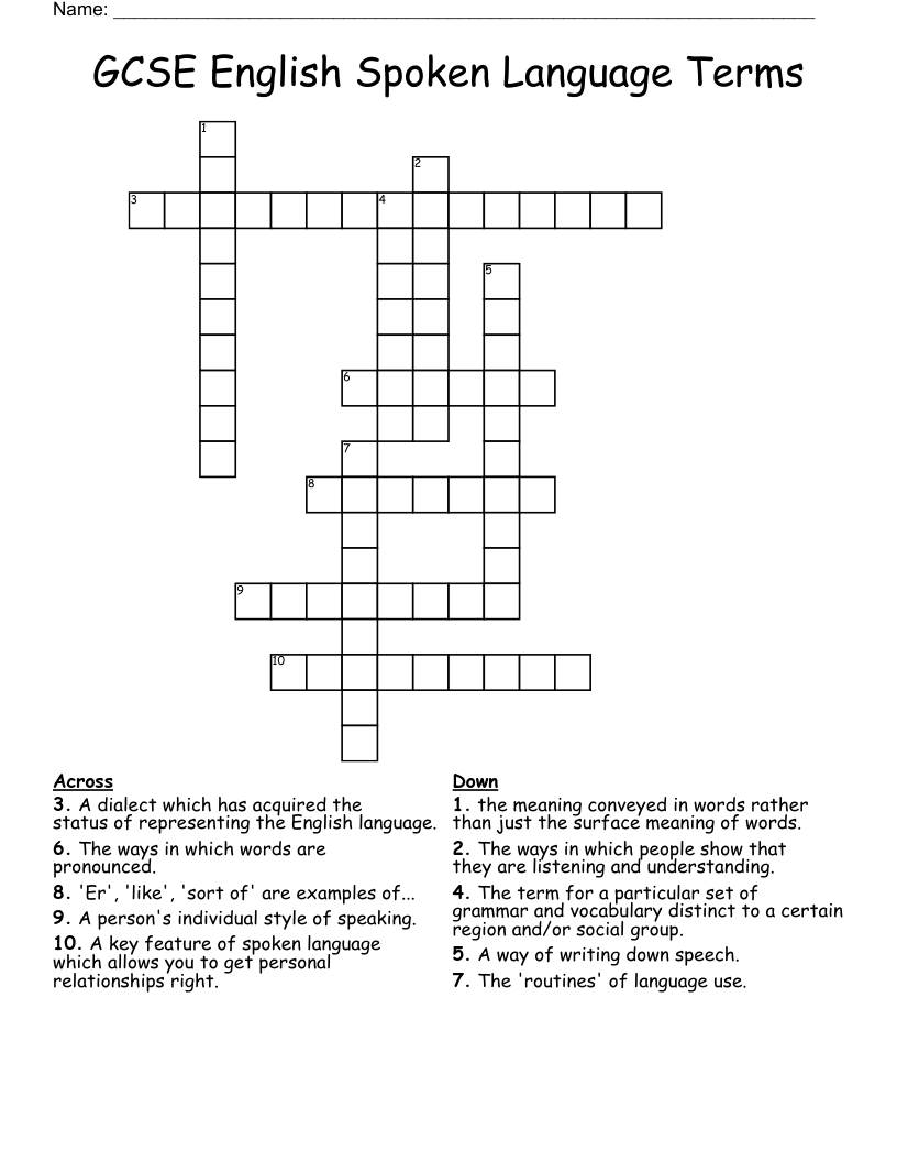 GCSE English Spoken Language Terms Crossword WordMint