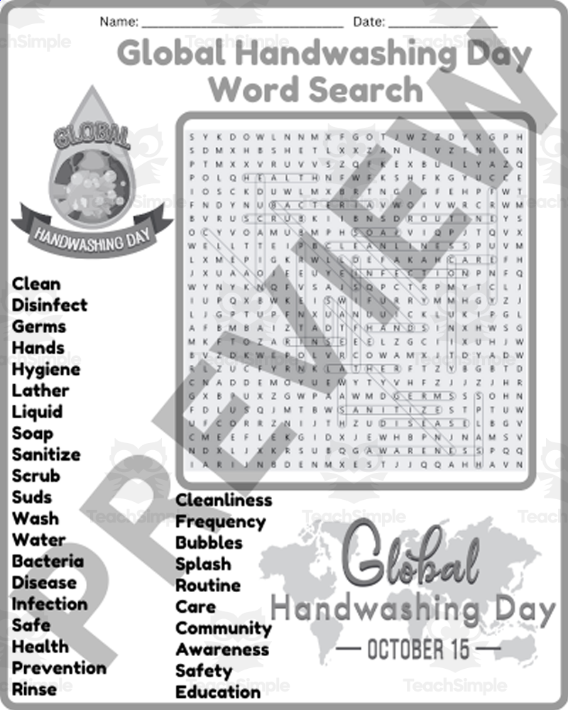 Global Handwashing Day Word Search Puzzle Worksheet Activities By Teach Simple