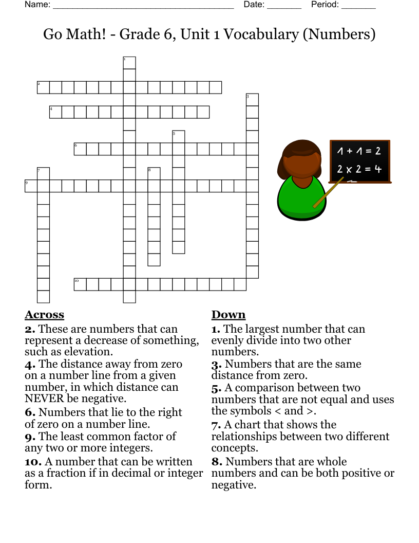 Go Math Grade 6 Unit 1 Vocabulary Numbers Crossword WordMint