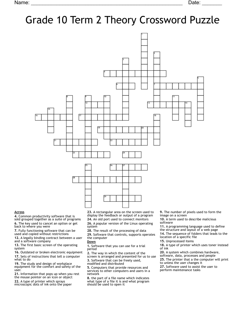 Grade 10 Term 2 Theory Crossword Puzzle WordMint