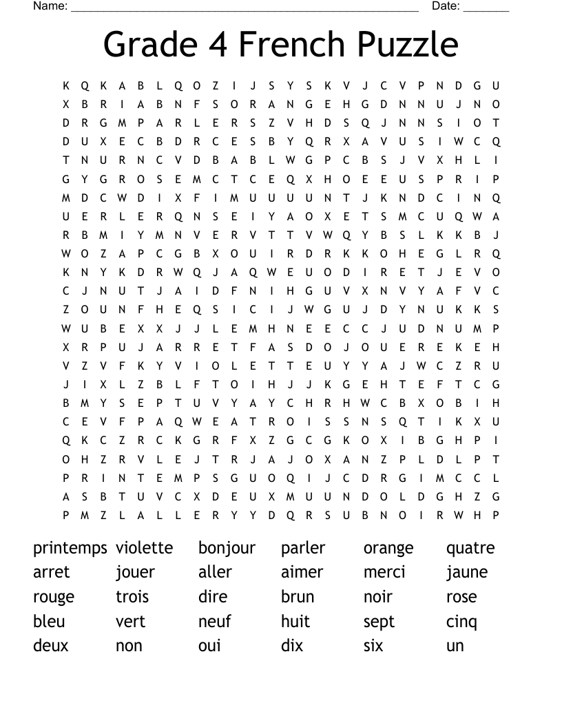 Grade 4 French Puzzle Word Search WordMint