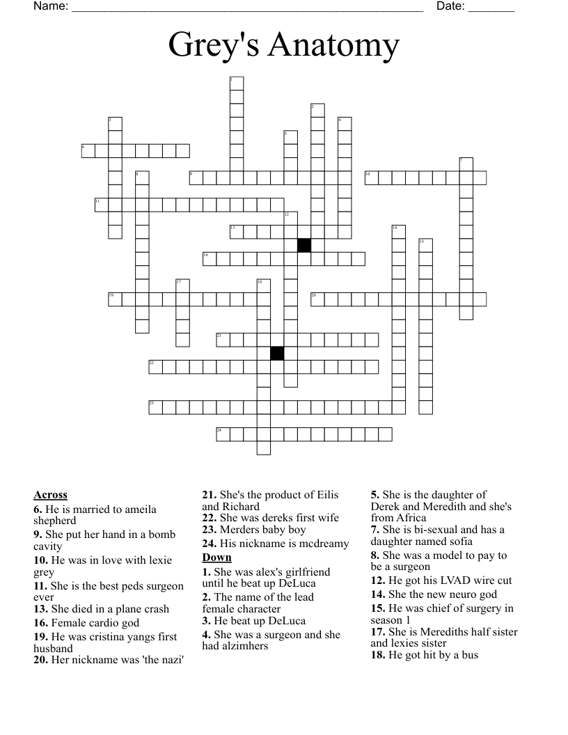 Grey s Anatomy Characters Crossword WordMint
