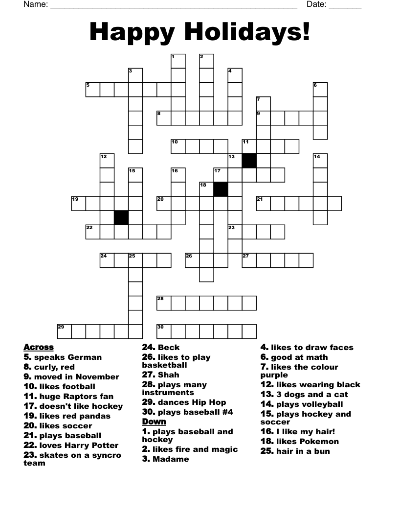 Happy Holidays Crossword WordMint