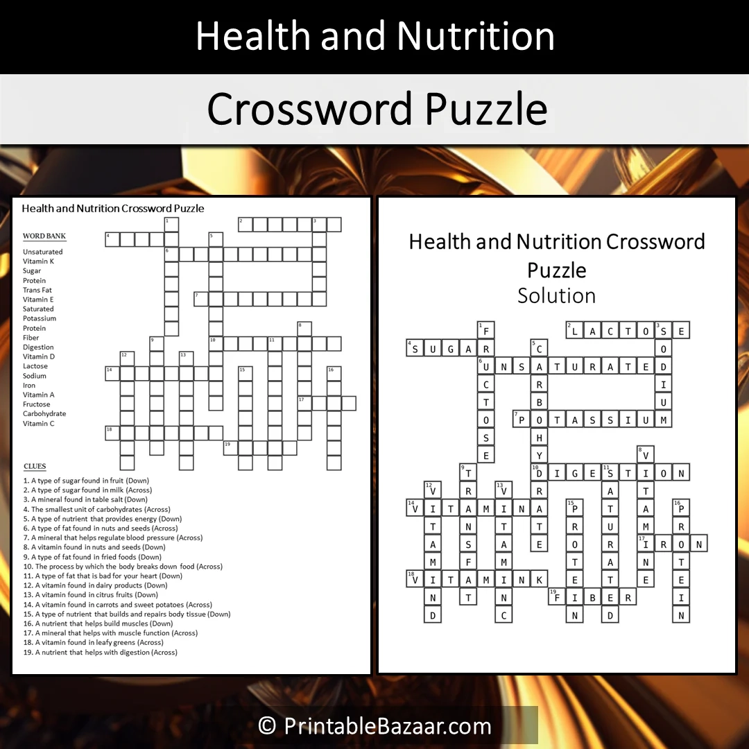 Health And Nutrition Crossword Puzzle Worksheet Activity Printable PDF PrintableBazaar