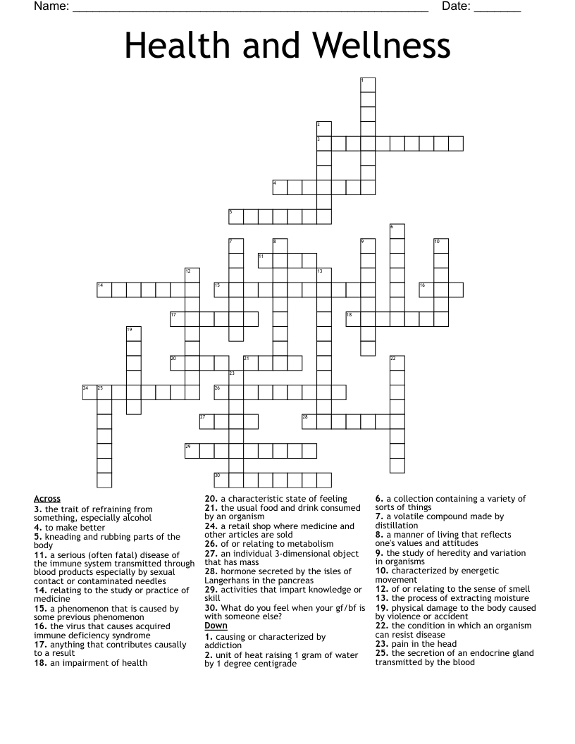 Health And Wellness Crossword Printable Study Planner