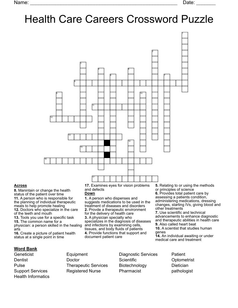 Health Care Careers Crossword Puzzle WordMint Health Care Careers Crossword Puzzle WordMint