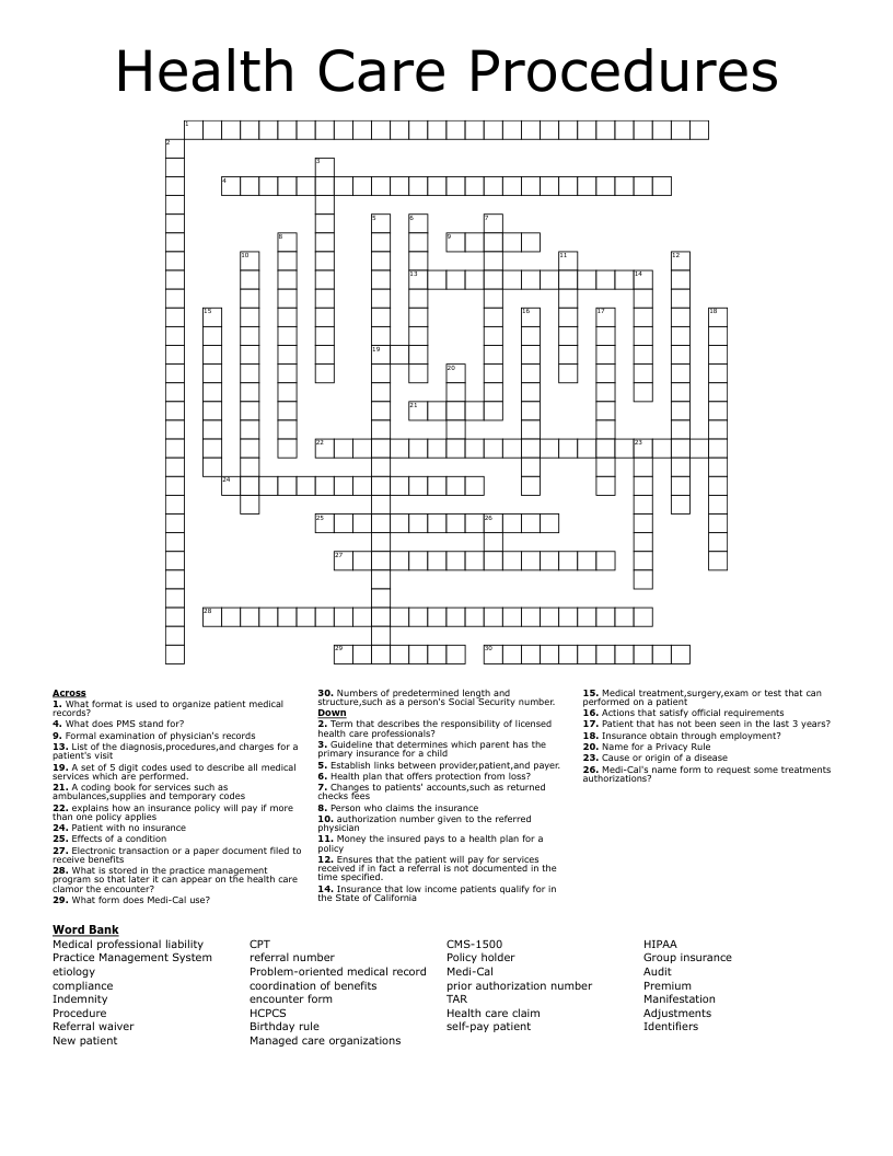 Health Care Procedures Crossword WordMint