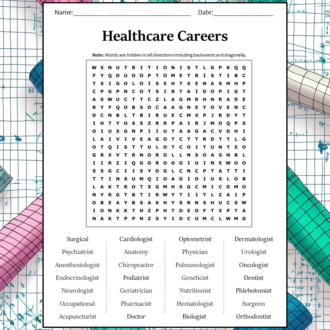 Healthcare Careers Word Search Puzzle Worksheet Activity PDF PrintableBazaar