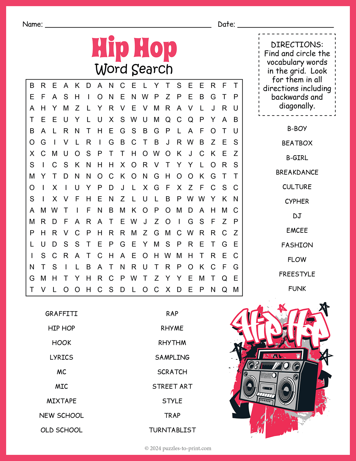 Hip Hop Word Search