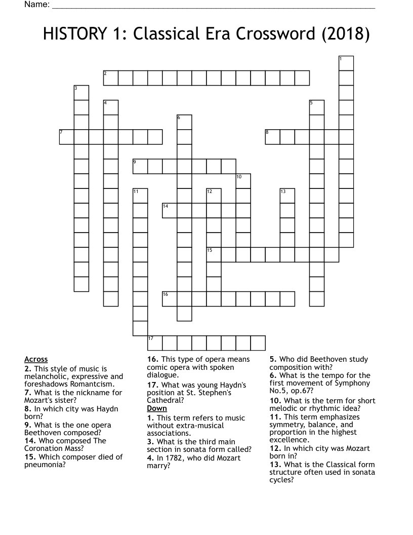 HISTORY 1 Classical Era Crossword 2018 WordMint