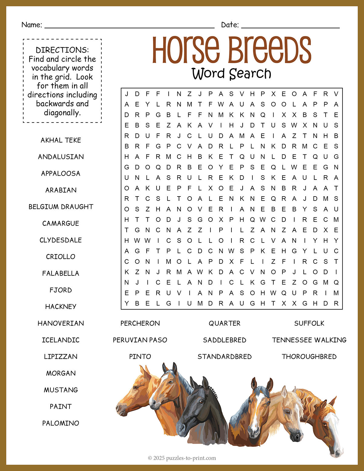 Horse Breeds Word Search Free Printable Easy Challenging 