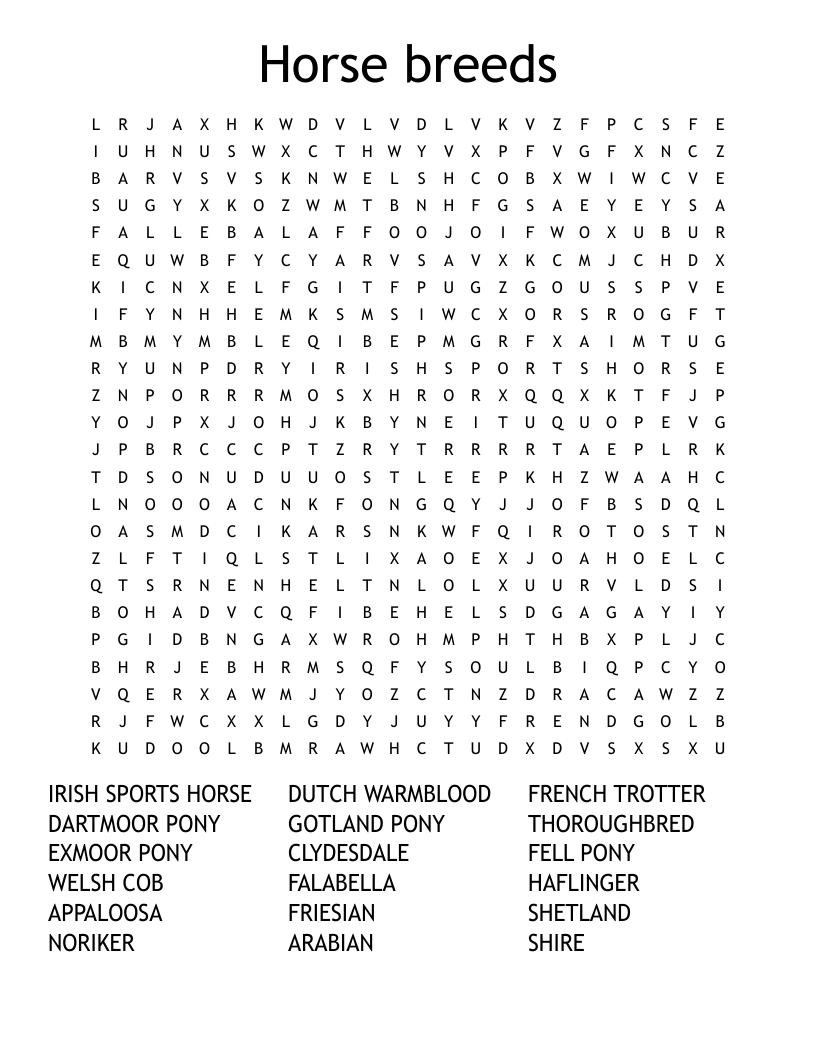 Horse Breeds Word Search WordMint