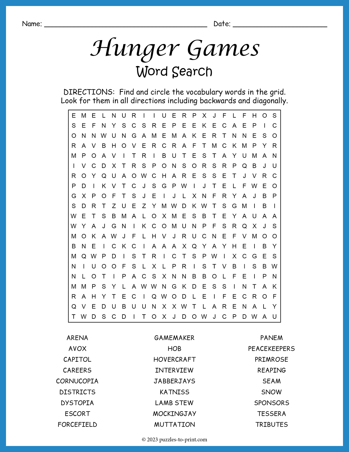 Hunger Games Word Search