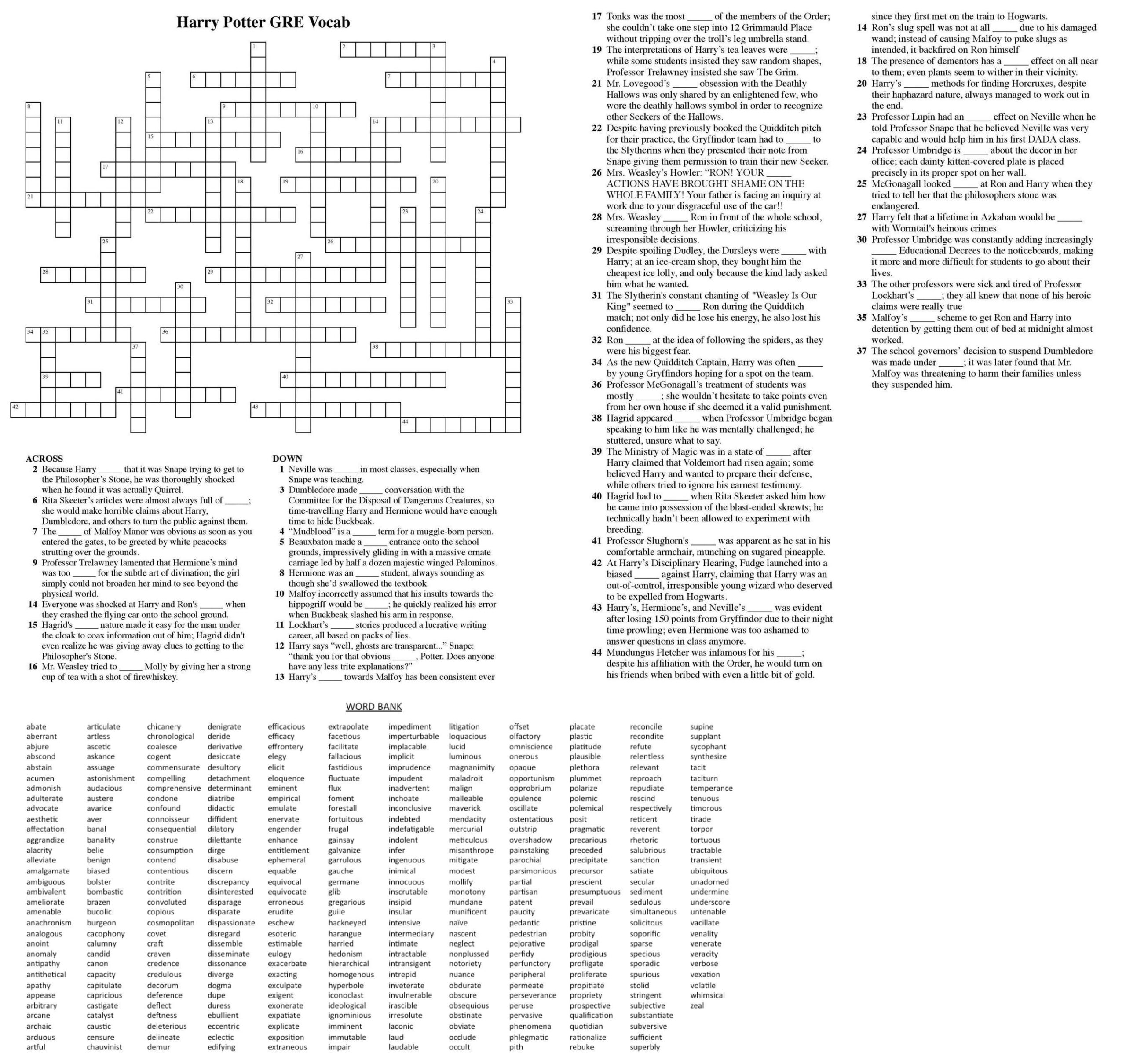 I Made A Harry Potter GRE Vocab Crossword Puzzle updated R GRE