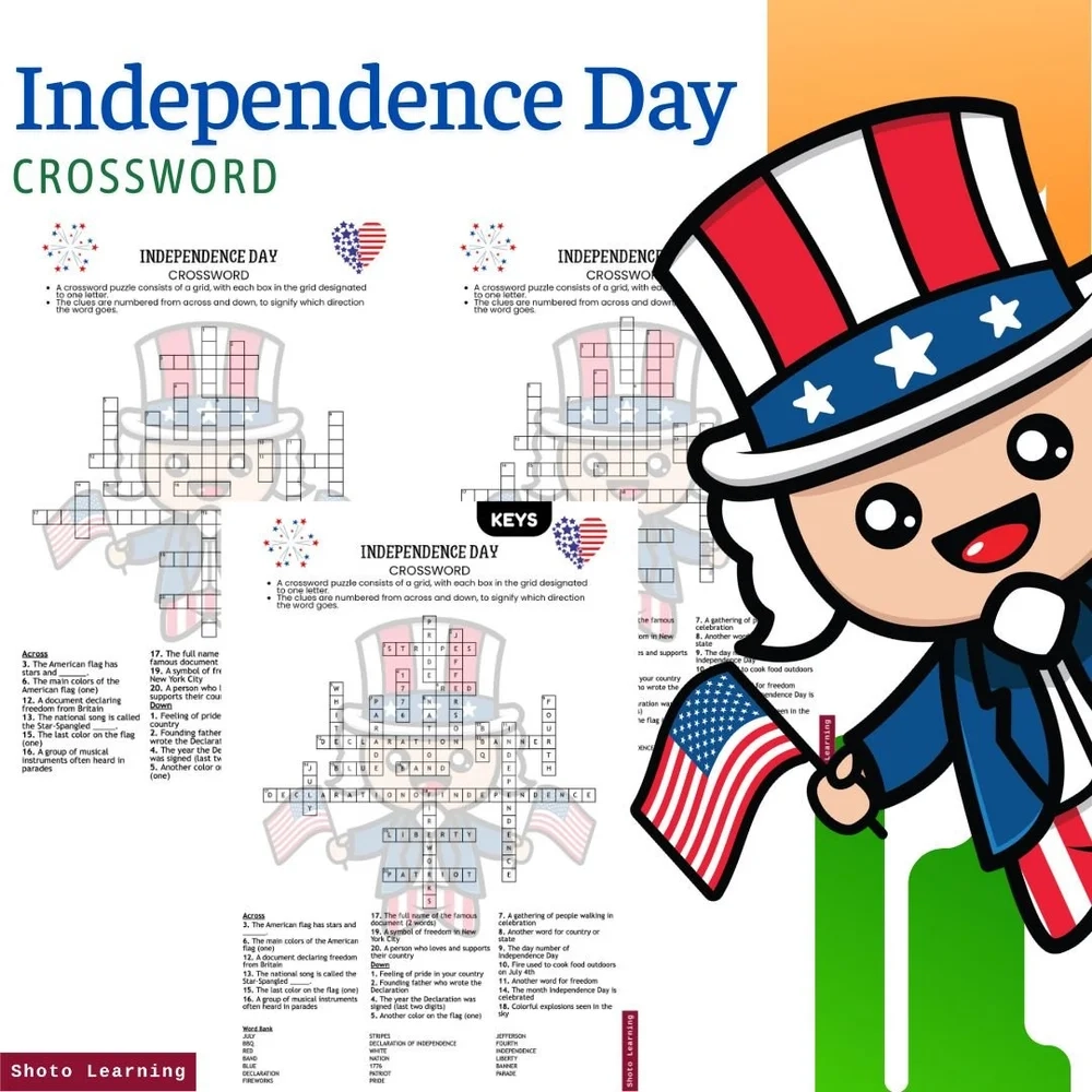 Independence Day Crossword 20 Clues Word Bank Option