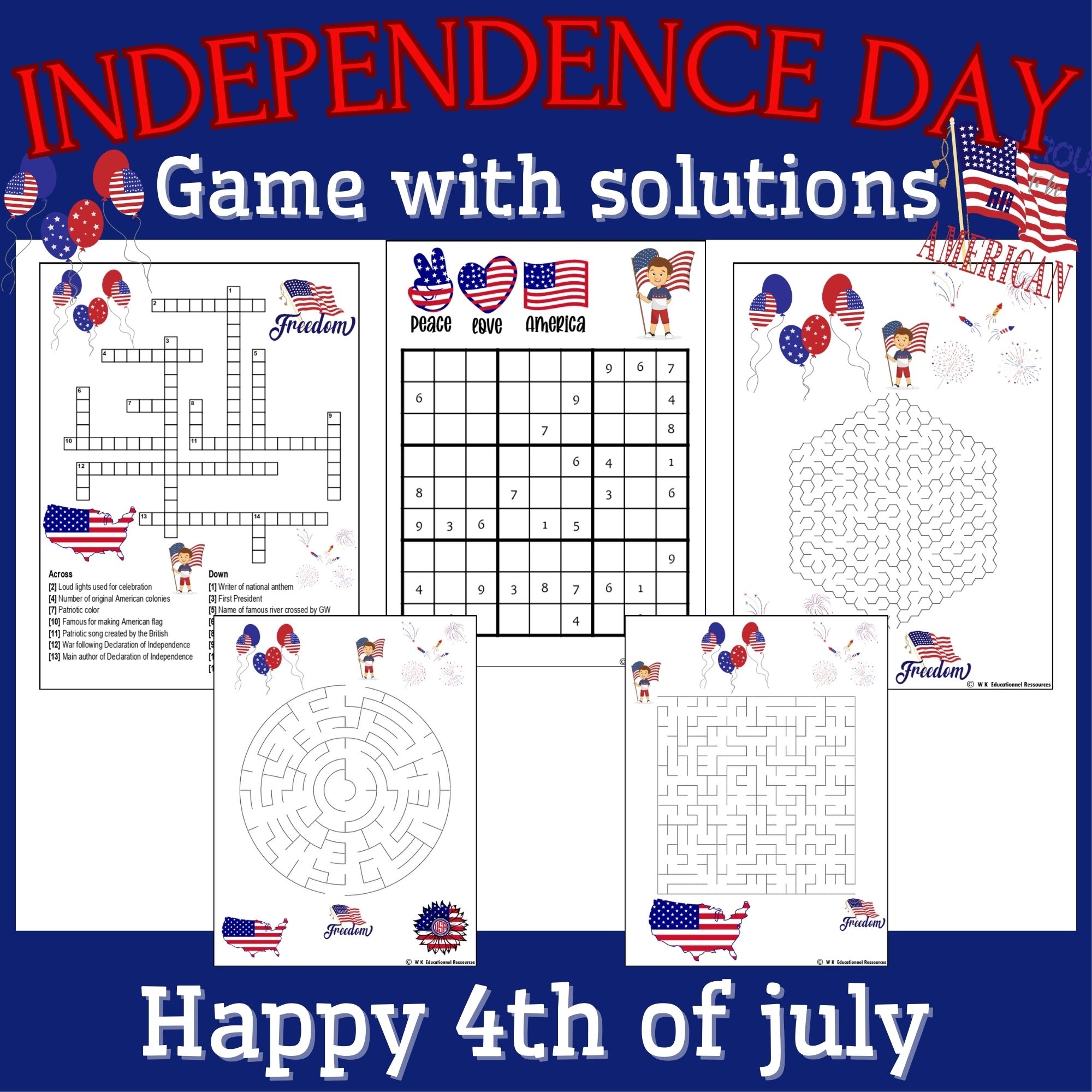 Independence Day Game Puzzle 4th Of July Crosswords Maze Sudoku With Solutions Made By Teachers