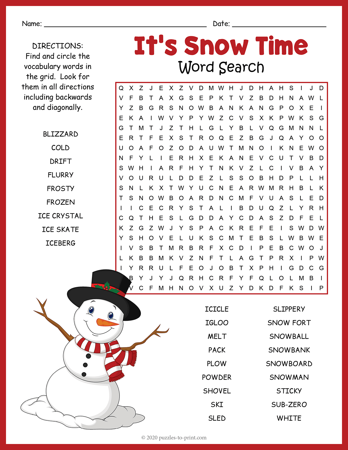Its Snow Time Word Search Its Snow Time Word Search
