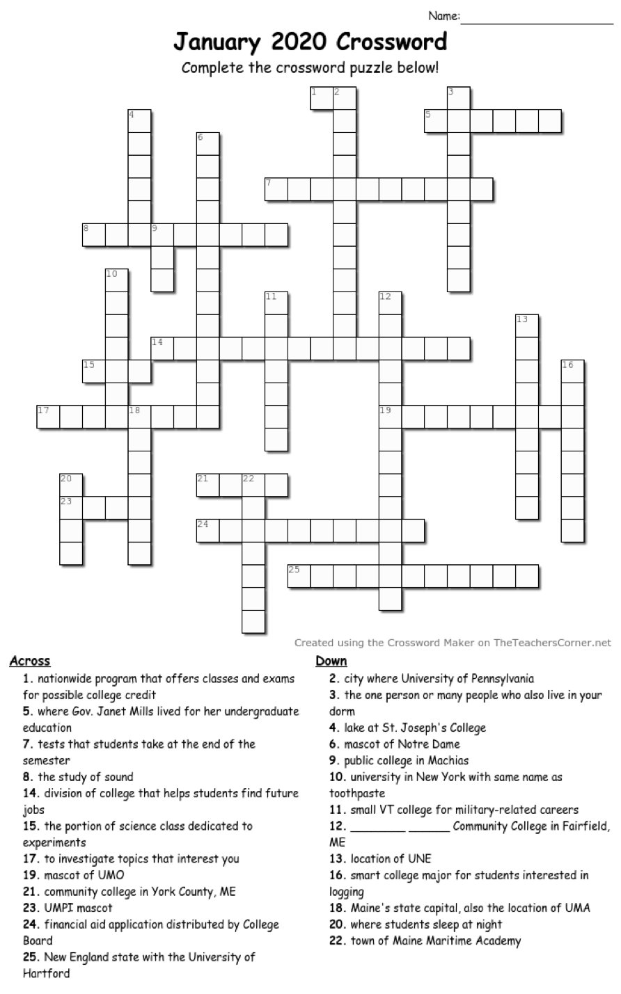 January Crossword Maine College Circle