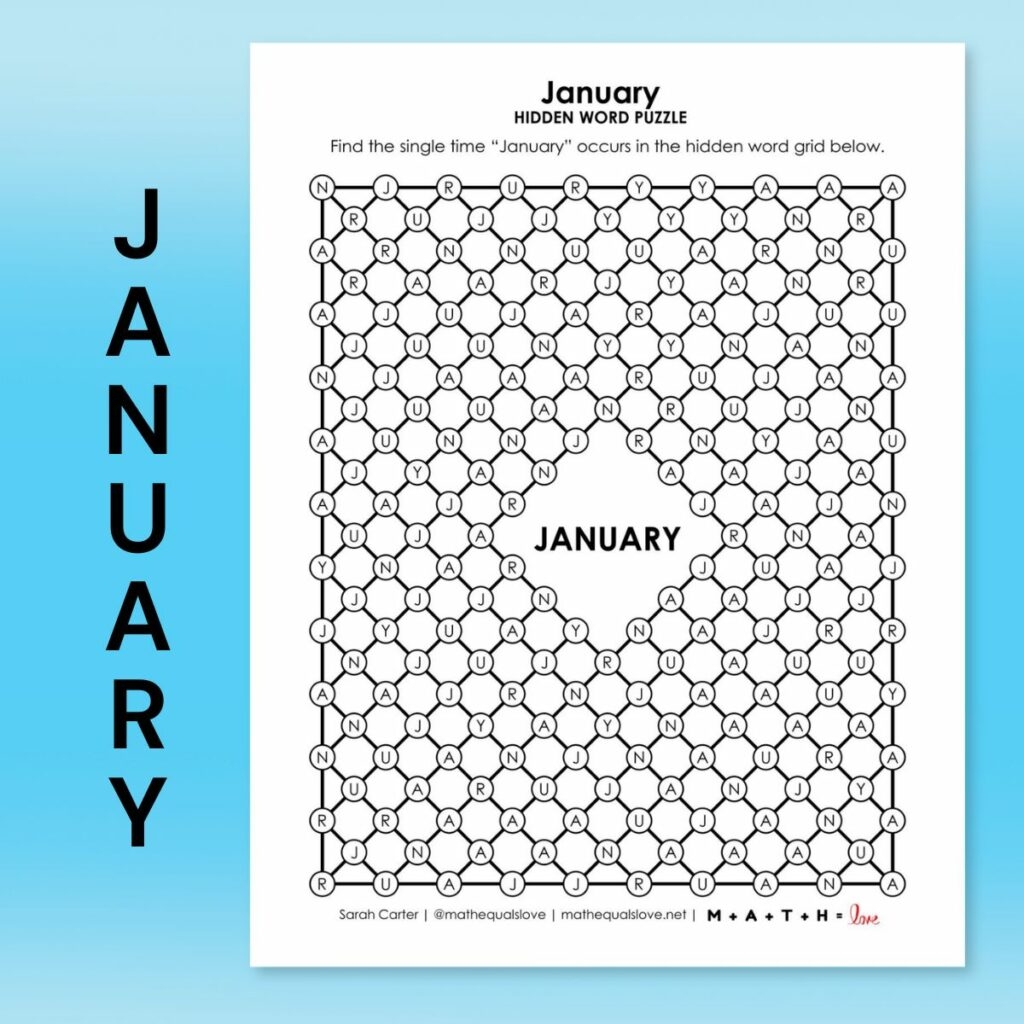 January Hidden Word Puzzle Math Love