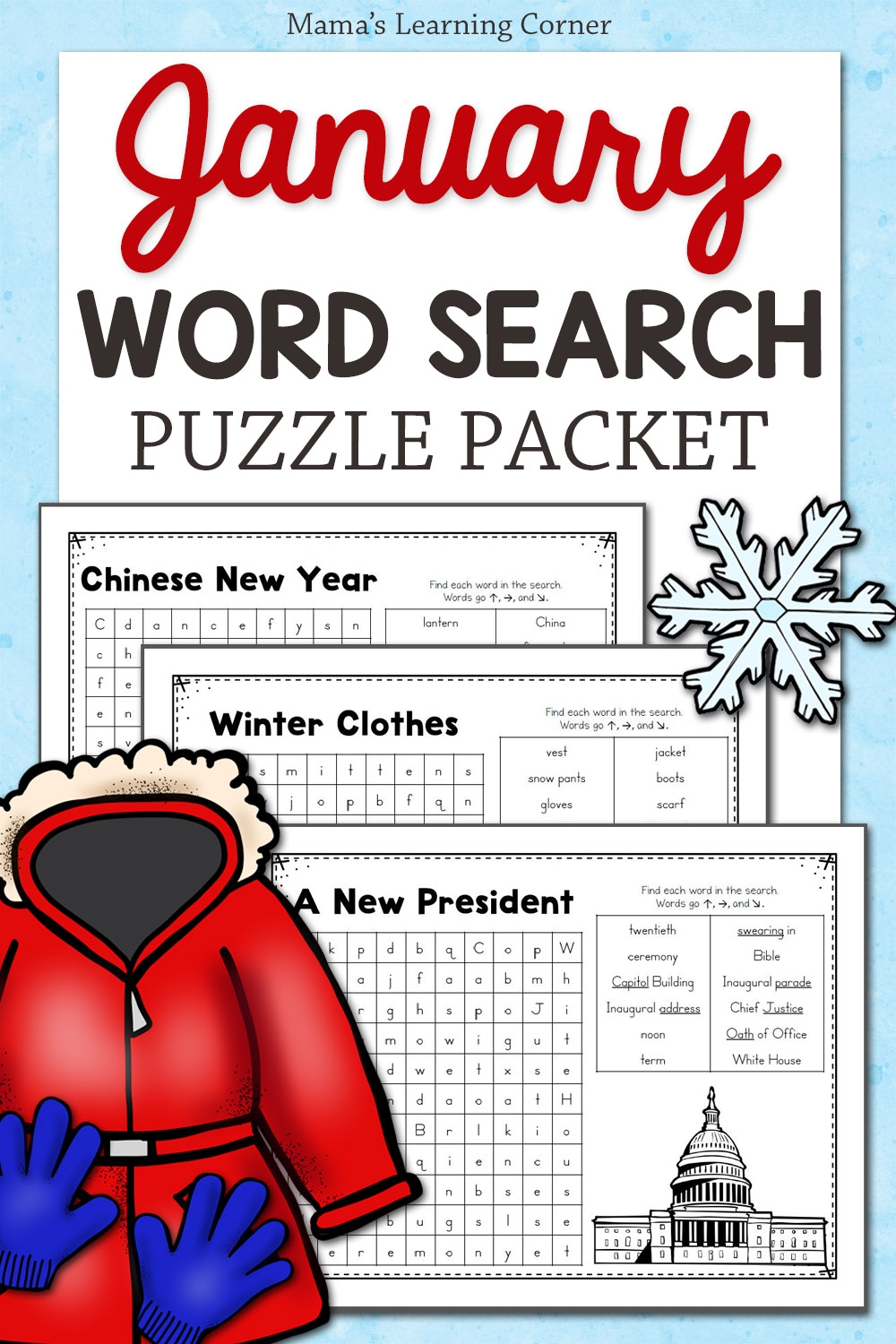 January Word Search Puzzle Packet Mamas Learning Corner