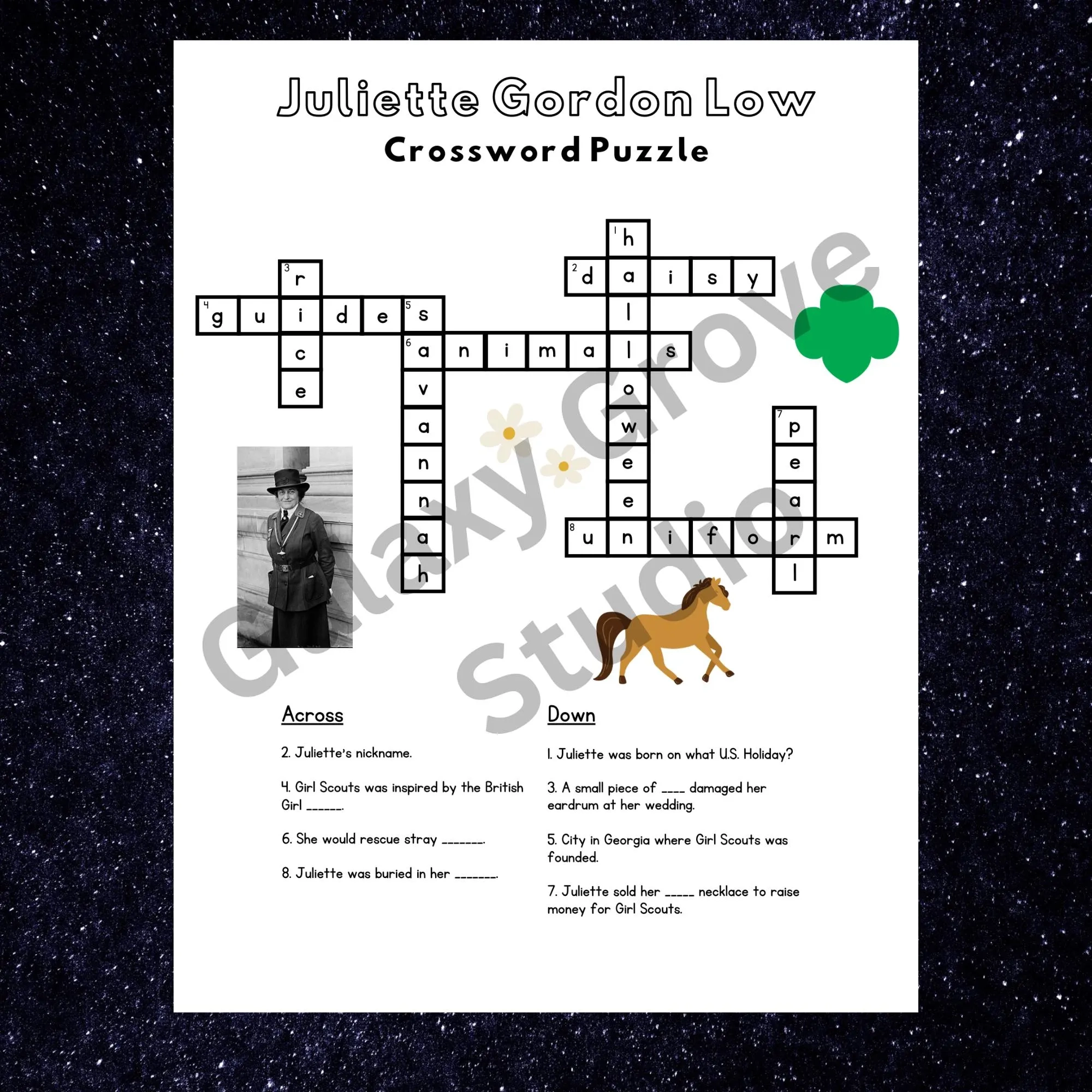 Juliette Gordon Low Crossword Puzzle Girl Scout Founder Daisy Brownie Junior Troop Meeting Activity Instant Download Etsy