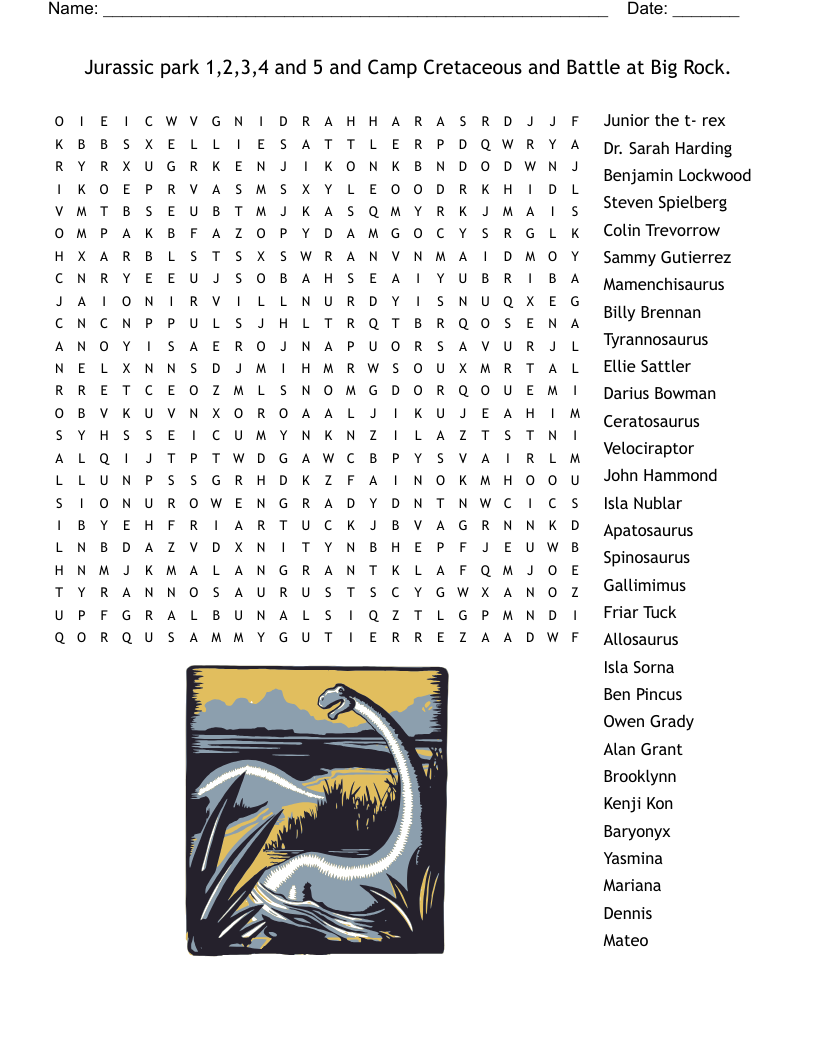 Jurassic Park 1 2 3 4 And 5 And Camp Cretaceous And Battle At Big Rock Word Search WordMint