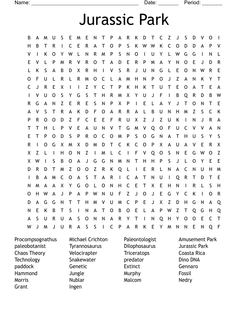 Jurassic Park Project Crossword Puzzle WordMint