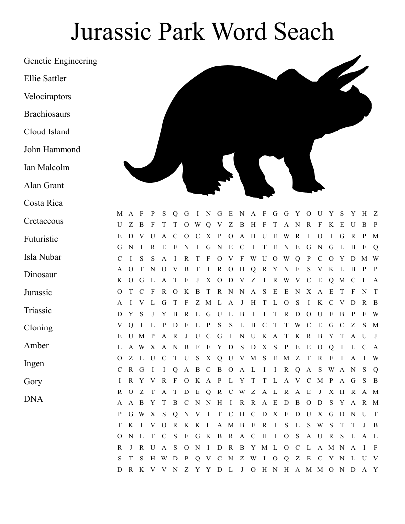 Jurassic Park Word Seach Word Search WordMint
