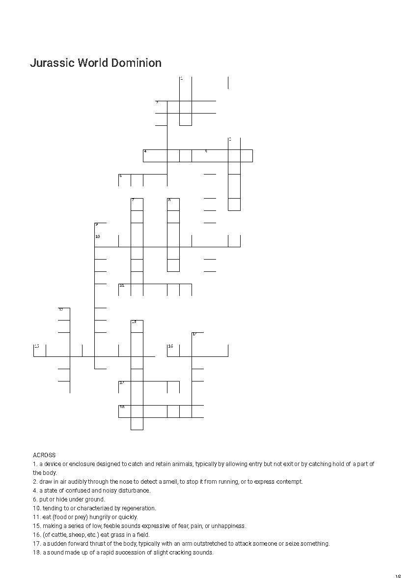 Jurassic World Dominion Crossword Puzzle TPT