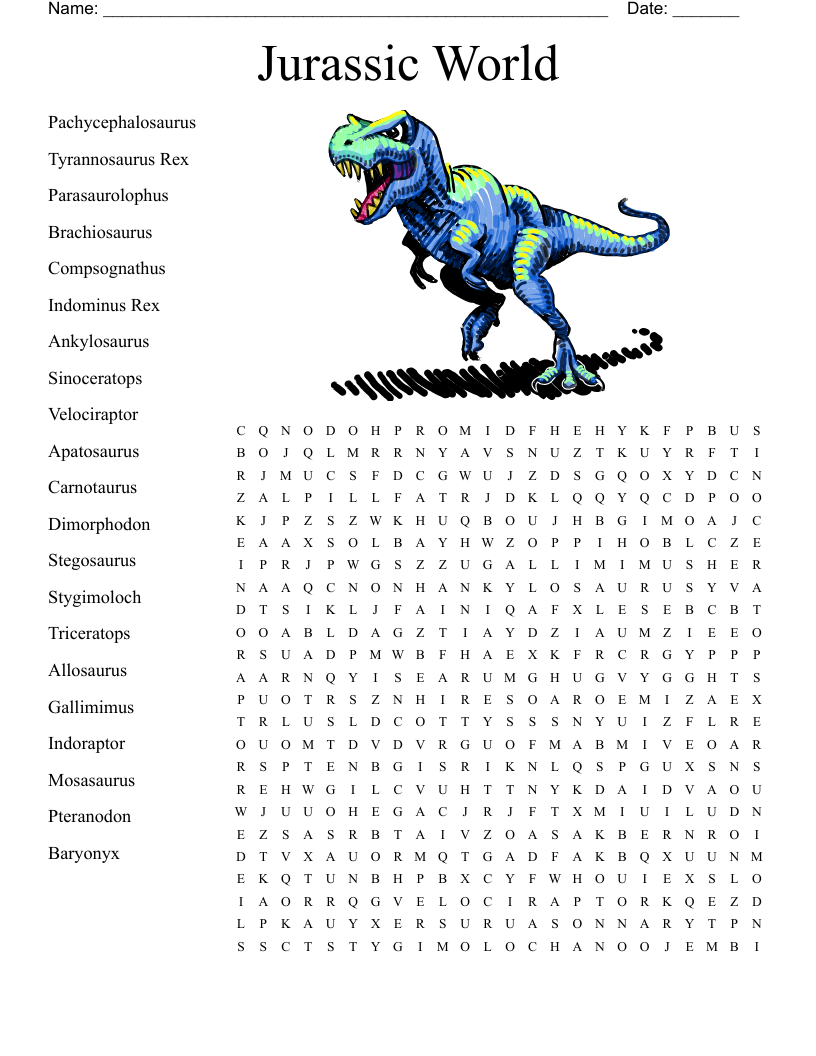 Jurassic World Word Search WordMint