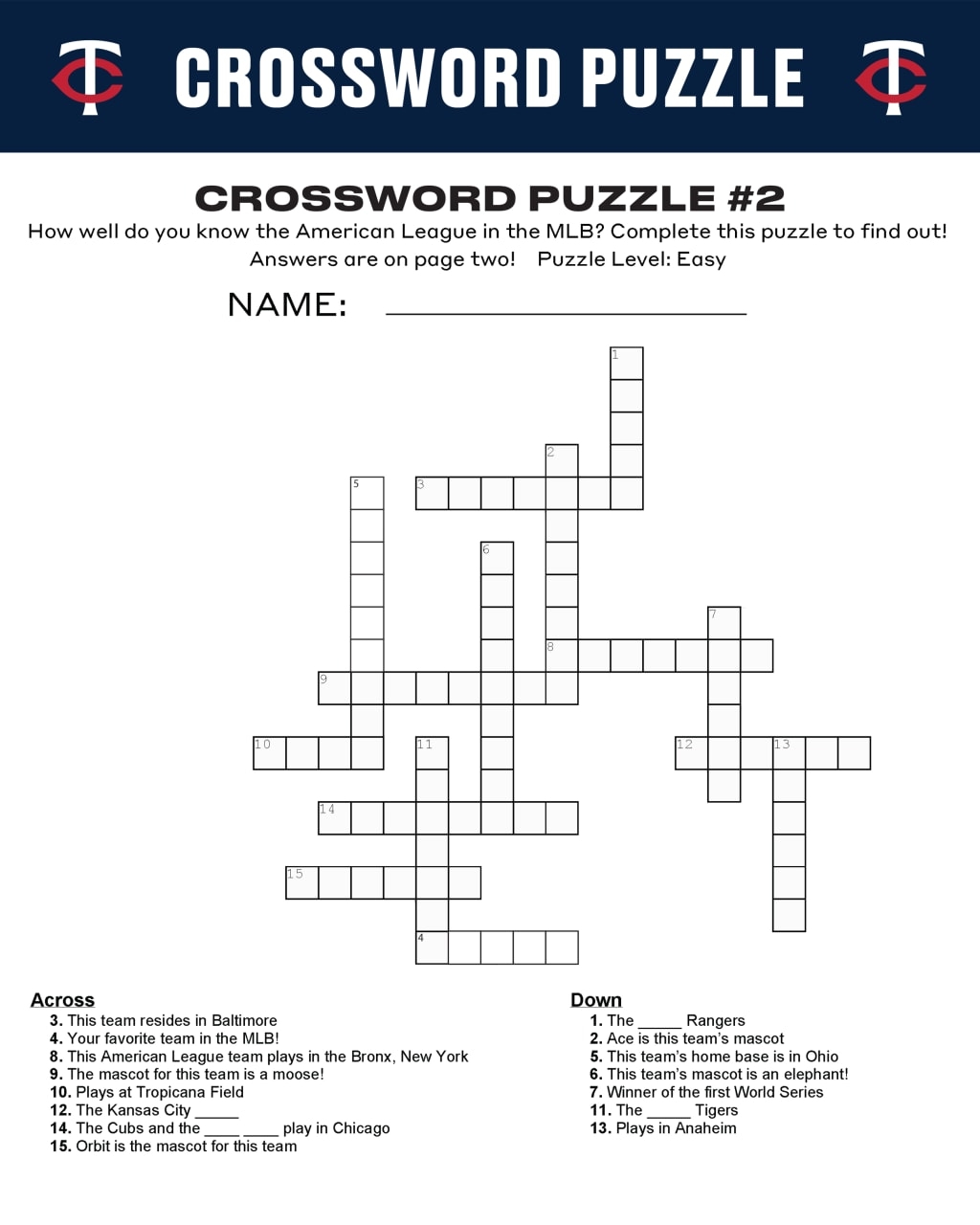 Kids Activity Sheets Minnesota Twins