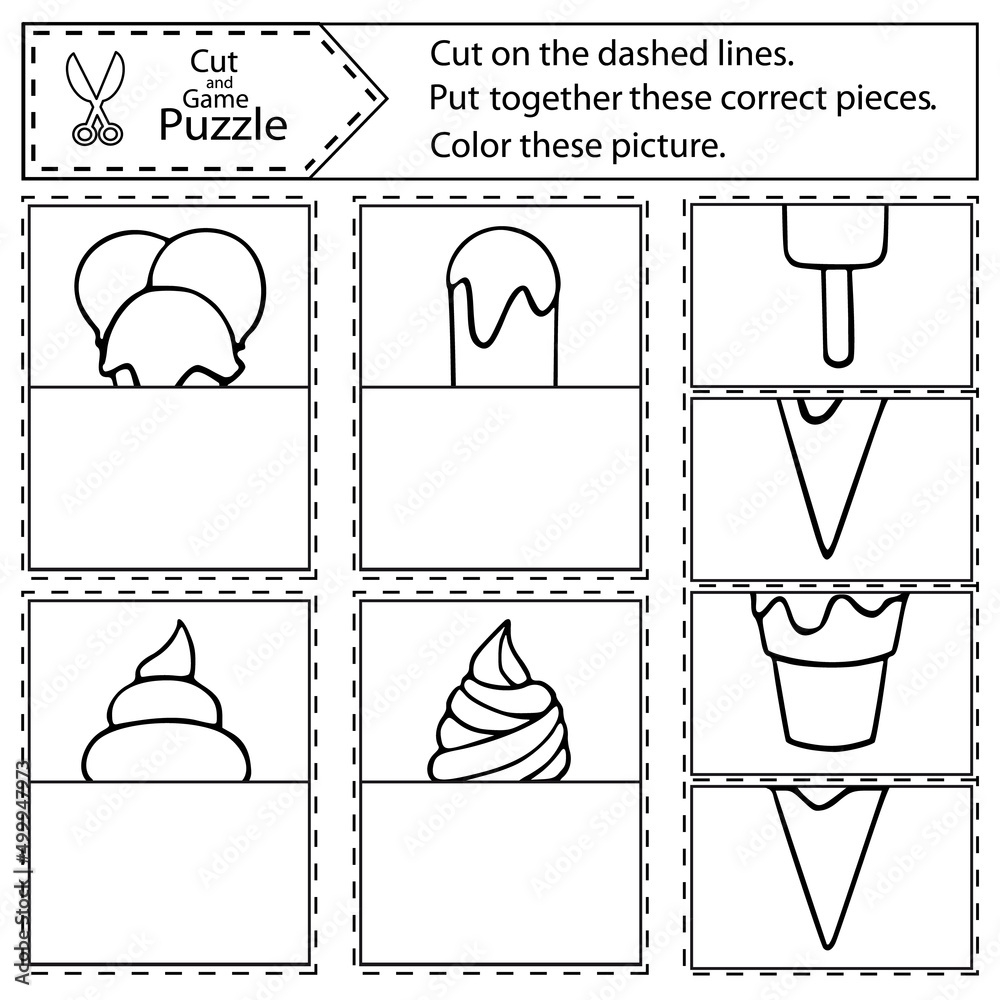 Kids Coloring And Puzzle Game With Ice Cream Desserts Sweets Cut And Play Card With Drawing Treats Vector Printable Children Worksheet And Activity Page Stock vektor Adobe Stock