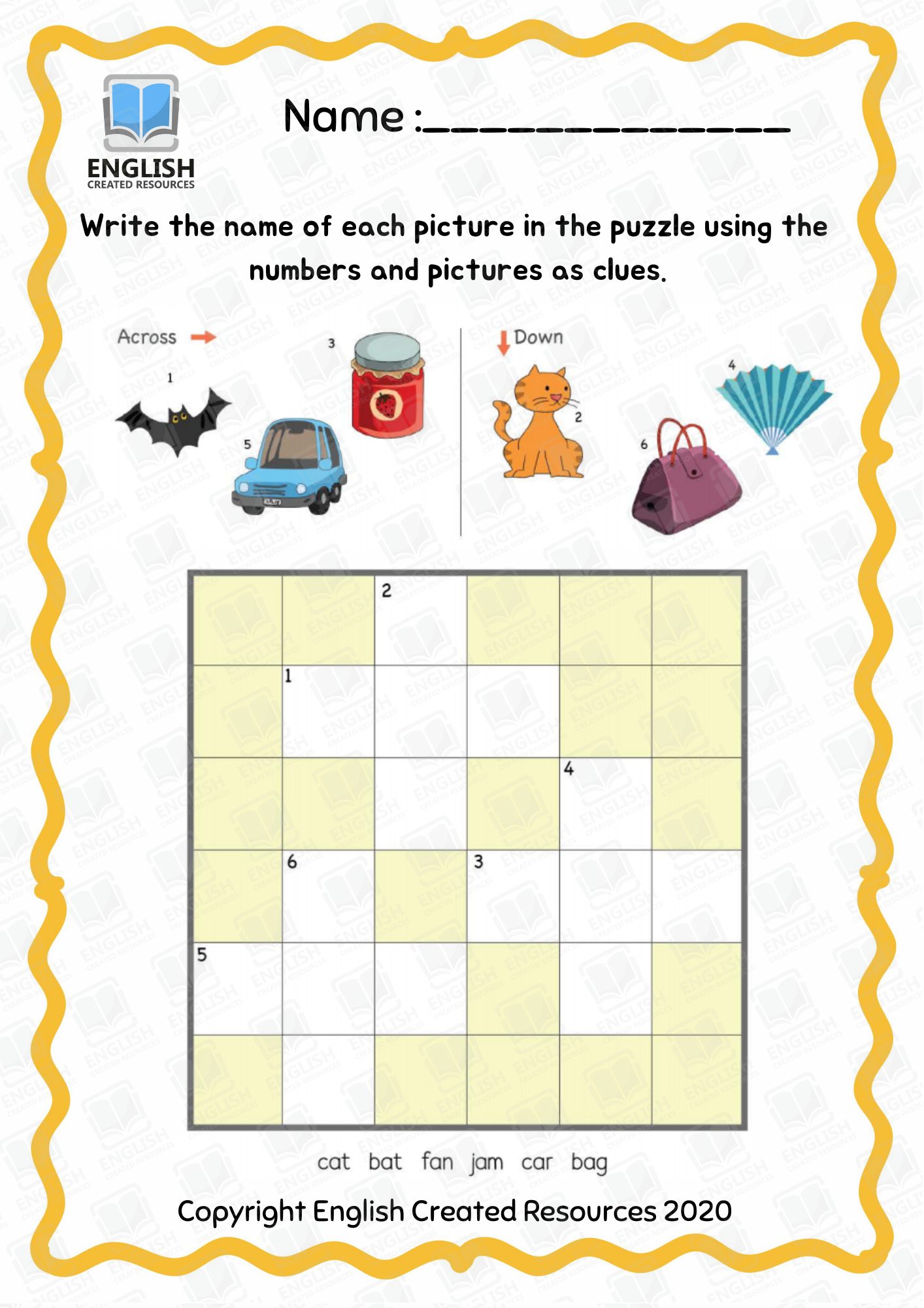 Kindergarten Crossword Puzzle English Created Resources