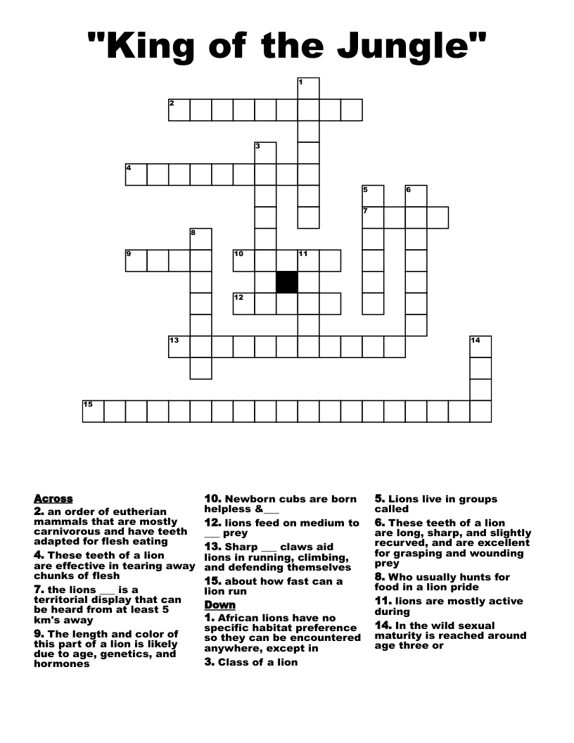 King Of The Jungle Crossword WordMint