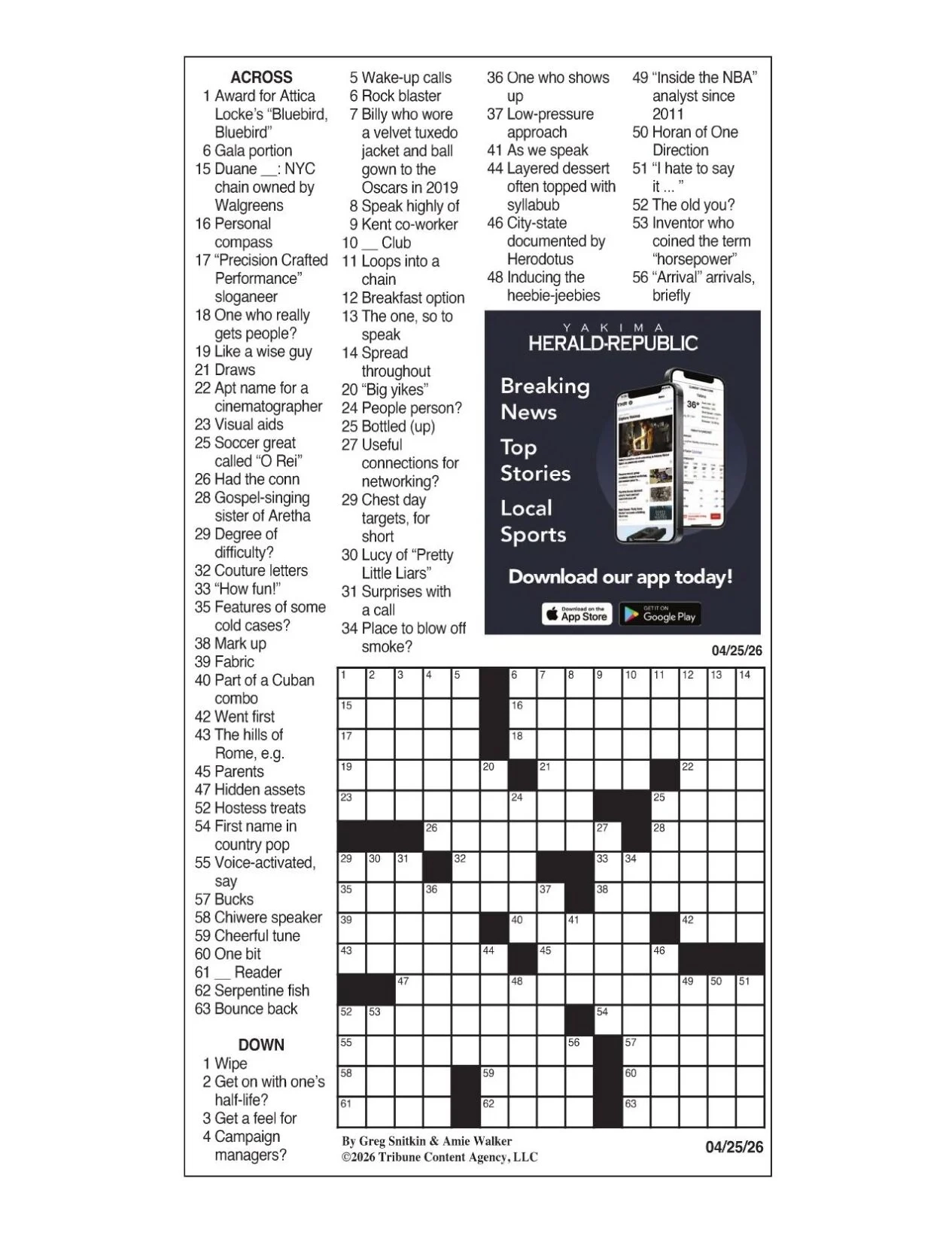 LA Times Crossword April 25 2026 Crosswords Yakimaherald