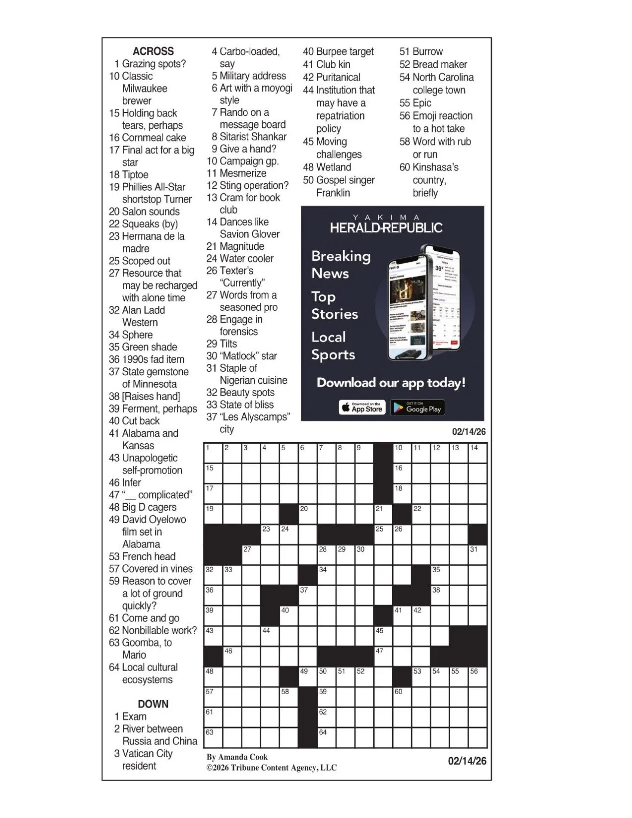 LA Times Crossword Feb 14 2026 Crosswords Yakimaherald