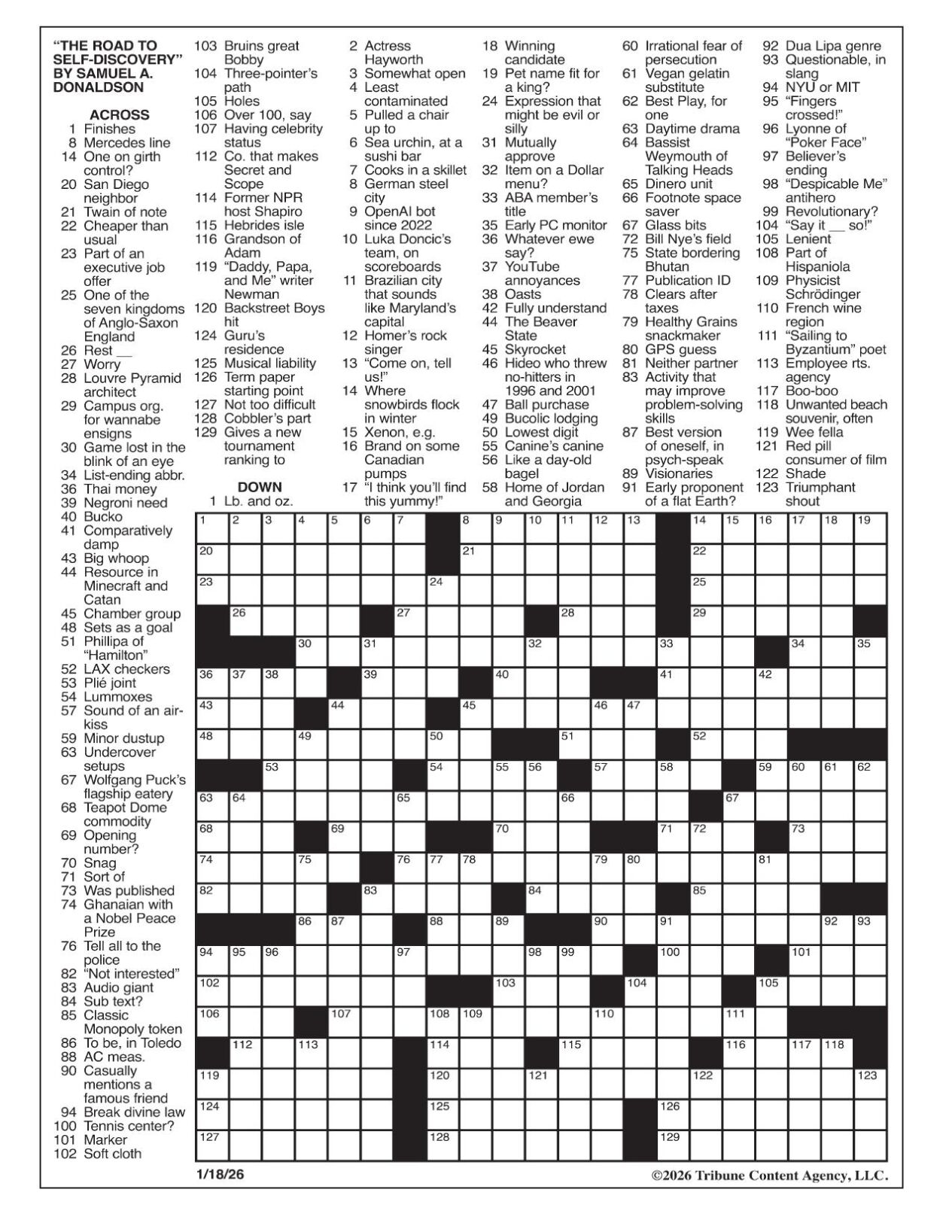 LA Times Crossword Jan 18 2026 Crosswords Yakimaherald