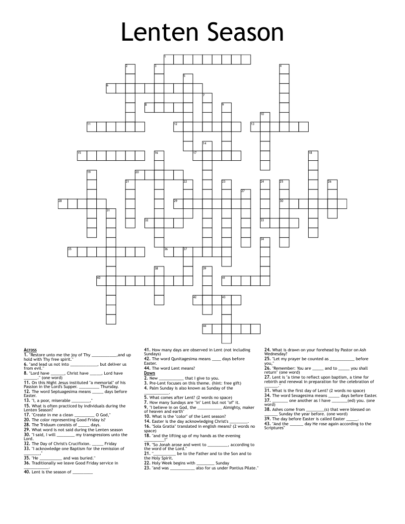 Lenten Season Crossword WordMint