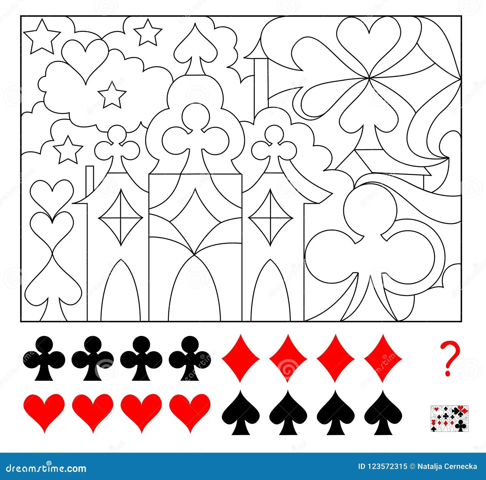 Logic Puzzle Game Find Four Times Of Each Card Suits Hidden In The Picture And Paint Them Worksheet Page For Children And Adults Stock Vector Illustration Of Hidden Detail 123572315