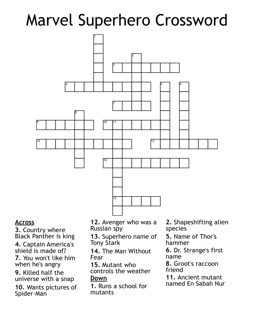 Marvel Superhero Crossword WordMint