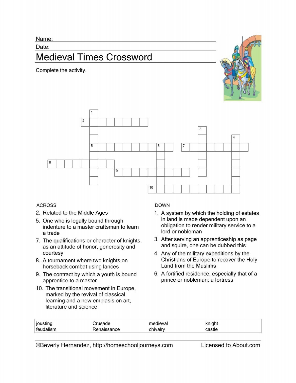 Medieval Times Crossword Puzzle Homeschooling About
