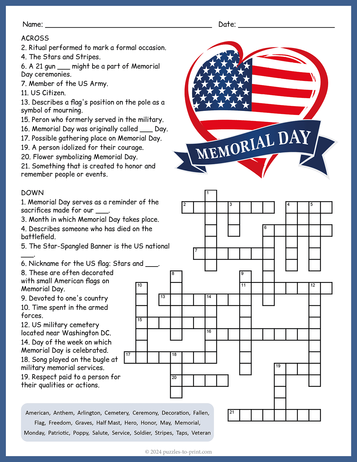 Memorial Day Crossword Memorial Day Crossword