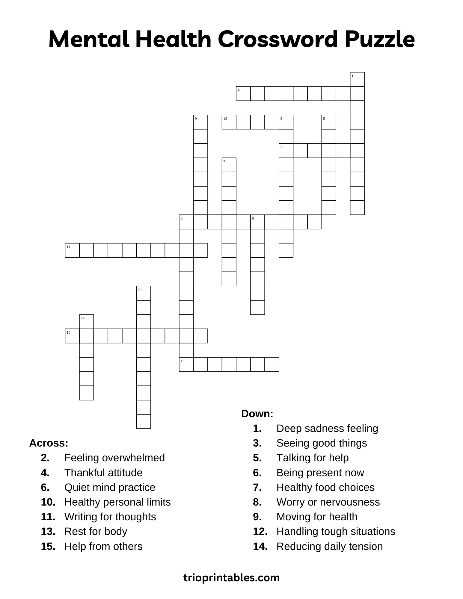 Mental Health Crossword Puzzle TRIO Printables