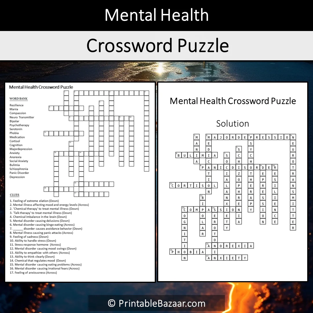 Mental Health Crossword Puzzle Worksheet Activity Printable PDF PrintableBazaar