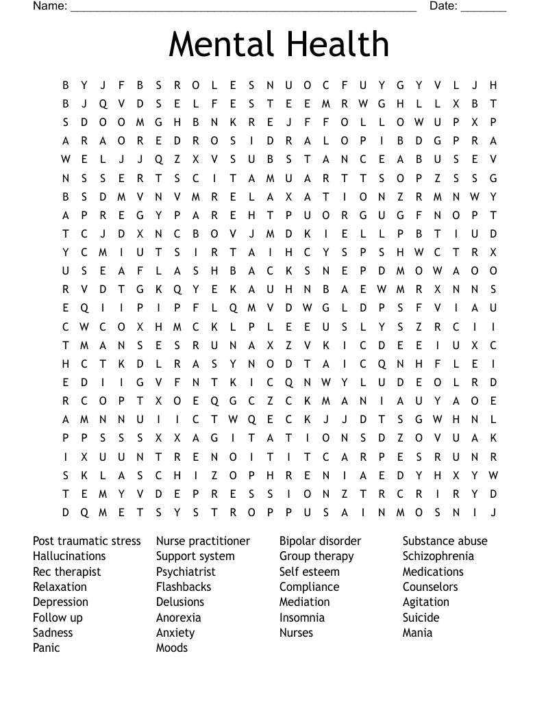 Mental Health Word Search WordMint