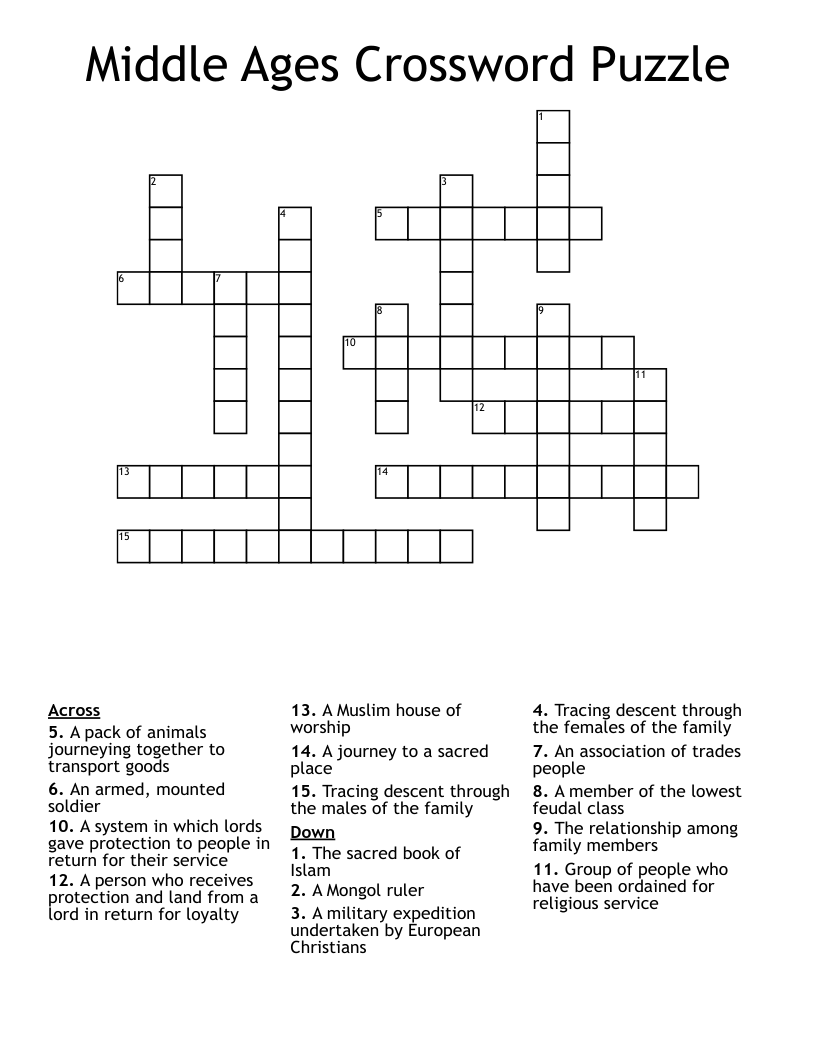 Middle Ages Crossword Puzzle WordMint